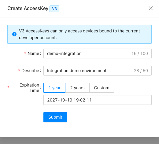 Create AccessKey dialog: enter a name and description, then choose 1 year, 2 years, or a custom expiration date