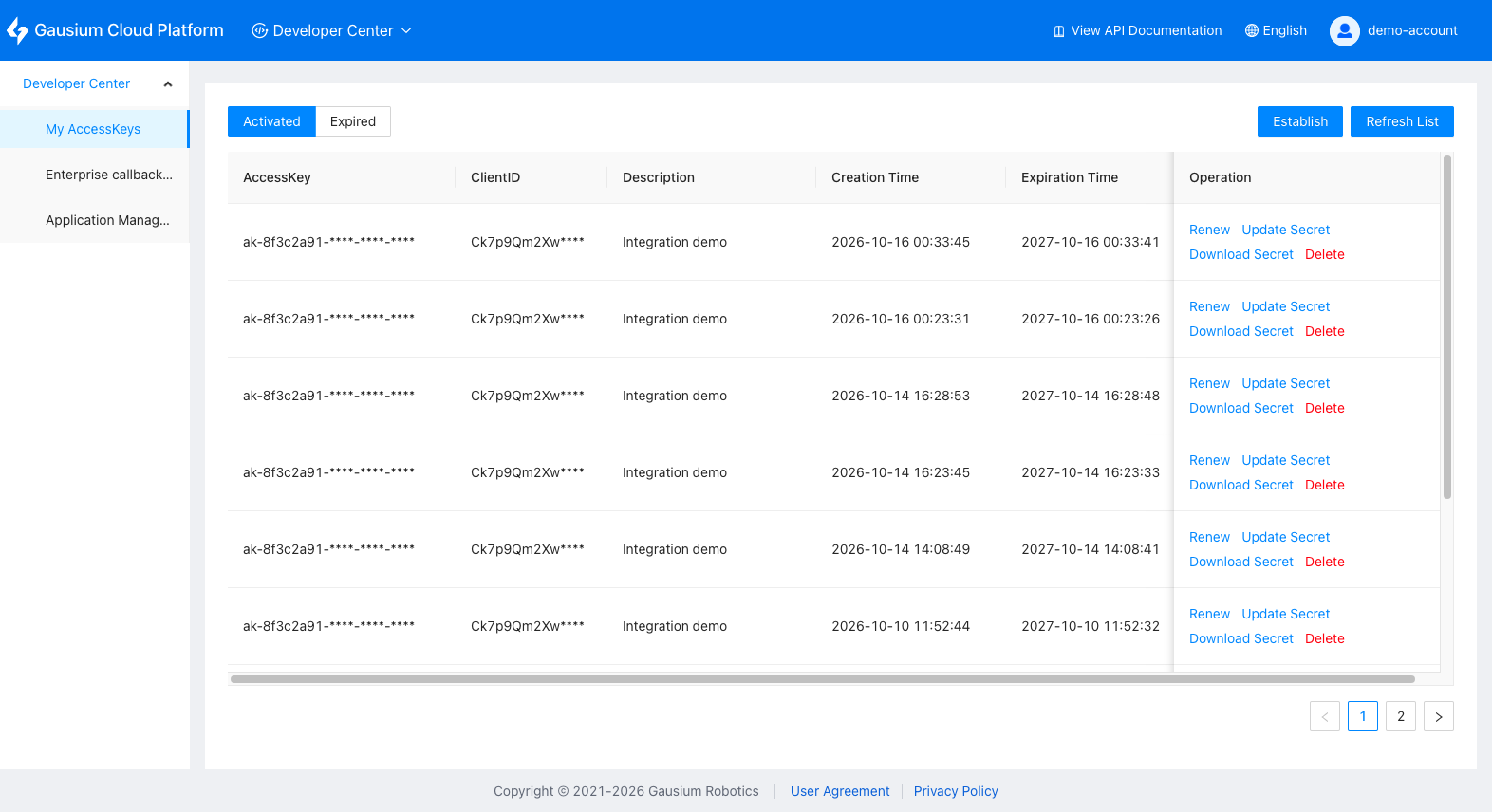 AccessKey list in the Developer Center, with AccessKey, ClientID, description, creation time, expiration time, and renew/update/download/delete actions